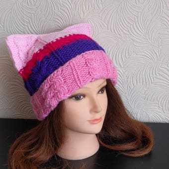 Pussyhat 2024/ Women's march Cat ear beanie/ Childless cat lady hat/ Pink cat ear beanie/ Cat ear hat/ Gift for cat lover/ Gift for her