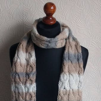 Women hand knitted beige-grey scarf/patterned scarf/neck warmer 183x15 cm