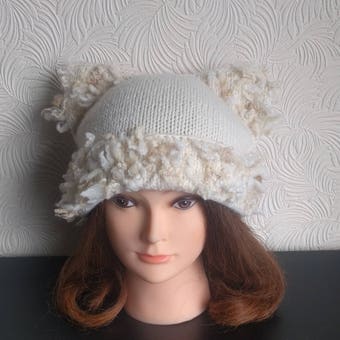 WHITE Stray Cat ear beanie/ Scrap knitted Cat ear hat/ Chunky cat beanie/ Cat inspiration/ Slightly OVERSIZED cat beanie/ Gift for cat lover