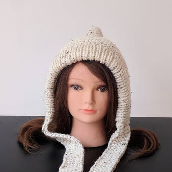 Beanie - Slouchy Ear Flap Hat - Beanie Bonnet Hat - Cream Hat- Chunky pointed pixie hat with knitted ties - Pixie beanie - Winter hat