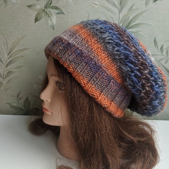 Oversized Chunky Knit Beanie/ Orange Navy beanie/ Warm Cosy hat/ Hand Knitted/ Warm Merino Women's Beanie/ Soft Winter Hat/ Gift for Her
