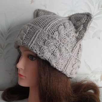 Cat ear hat/ Cat ear beanie/ Beige Cat inspiration/ Beanie for cat lovers/ Cat hat/ Cat beanie/ Beige Cat ear hat/ Women beige wool beanie