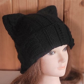 Cat ear hat/ Cat ear beanie/ Knitted Kitty ear hat/ Knitted big cat ear hat/ Cat hat/ Cat beanie/ Black Cat ear hat/ Women black wool beanie
