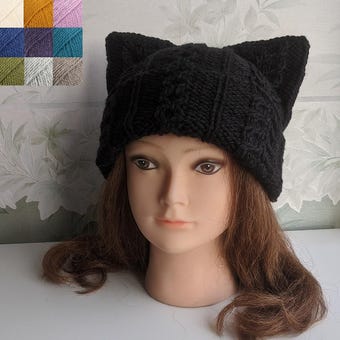 Black Cat ear beanie/ Black Cat ear hat/ Knitted cat hat/ Beanie for cat lover/ Cat ear hat/ Women wool beanie/ gift cat lover/ gift for her