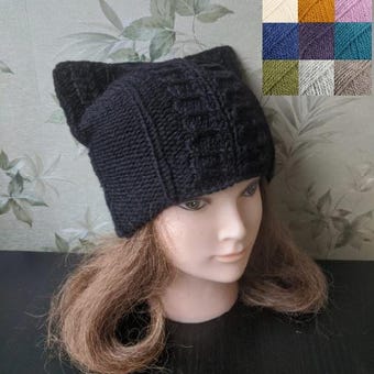 Cat ear Women black wool hat – Cat ear hat – Cat beanie - Knit hat – Cat hat for women - Beanie for women - Pure wool black cat hat