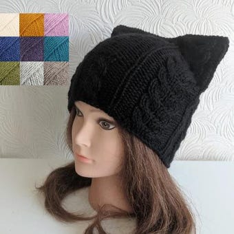 Cat Black ear hat/ Cat beanie with ears/ Cat ear hat for adults/ Black pussyhat/ Cat lover's beanie/ Hat cat sitter/ Winter cat beanie