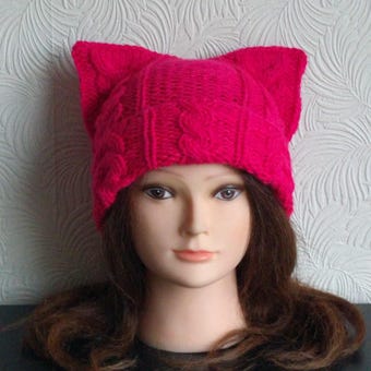 Pussyhat 2024/ Women's march Cat ear beanie/ Childless cat lady hat/ Pink cat ear beanie/ Cat ear hat/ Gift for cat lover/ Gift for her