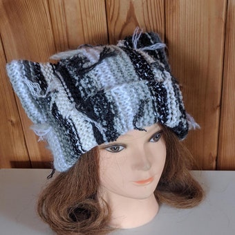 GREY Stray Cat ear beanie/ Scrap knitted Cat ear hat/ Chunky cat beanie/ Cat inspiration/ Slightly OVERSIZED cat beanie/ Gift for cat lover