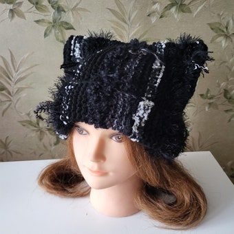 BLACK Stray Cat ear beanie/ Scrap knitted Cat ear hat/ Chunky cat beanie/ Cat inspiration/ Slightly OVERSIZED cat beanie/ Gift for cat lover