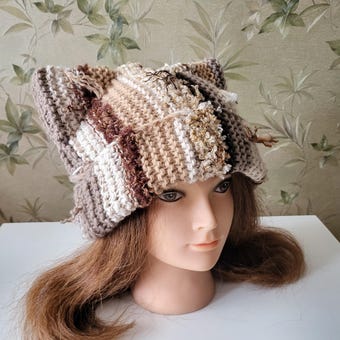 BEIGE BROWN Stray Cat ear beanie/ Scrap yarn Cat ear hat/ Chunky cat beanie/ Cat inspired/ Slightly OVERSIZED cat beanie/ Gift cat lover