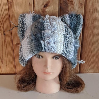 GREY WHITE Stray Cat ear beanie/ Scrap knitted Cat ear hat/ Chunky cat beanie/ Cat inspired/ Slightly OVERSIZED cat hat/ Gift cat lover