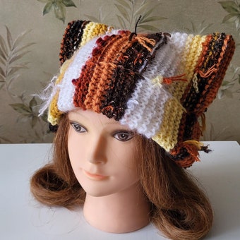 CALICO Stray Cat ear beanie/ Scrap yarn Cat ear hat/ Chunky cat beanie/ Cat inspired hat/ OVERSIZED cat hat/ Gift cat lover