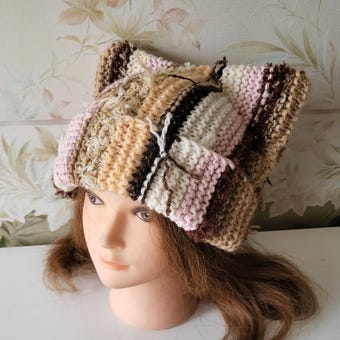 BEIGE Stray Cat ear beanie/ Scrap knitted Cat ear hat/ Chunky cat beanie/ Cat inspiration/ Slightly oversized cat beanie/ Gift for cat lover