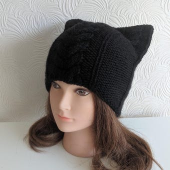 Women black wool Cat hat – Cat ear hat – Cat beanie - Knit hat – Cat hat for women - Wool hat - Beanie for women - pure wool cat hat